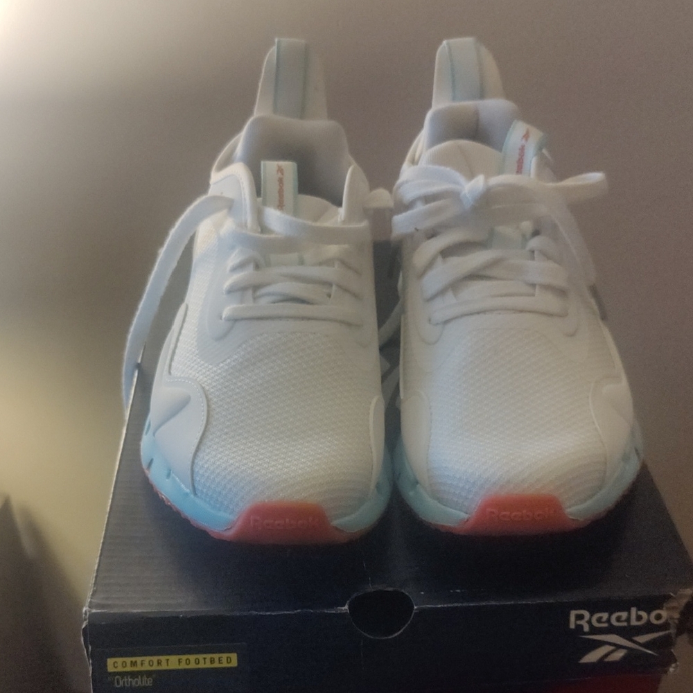 Reebok Athletic Shoes in White and Light Blue with Coral Accents